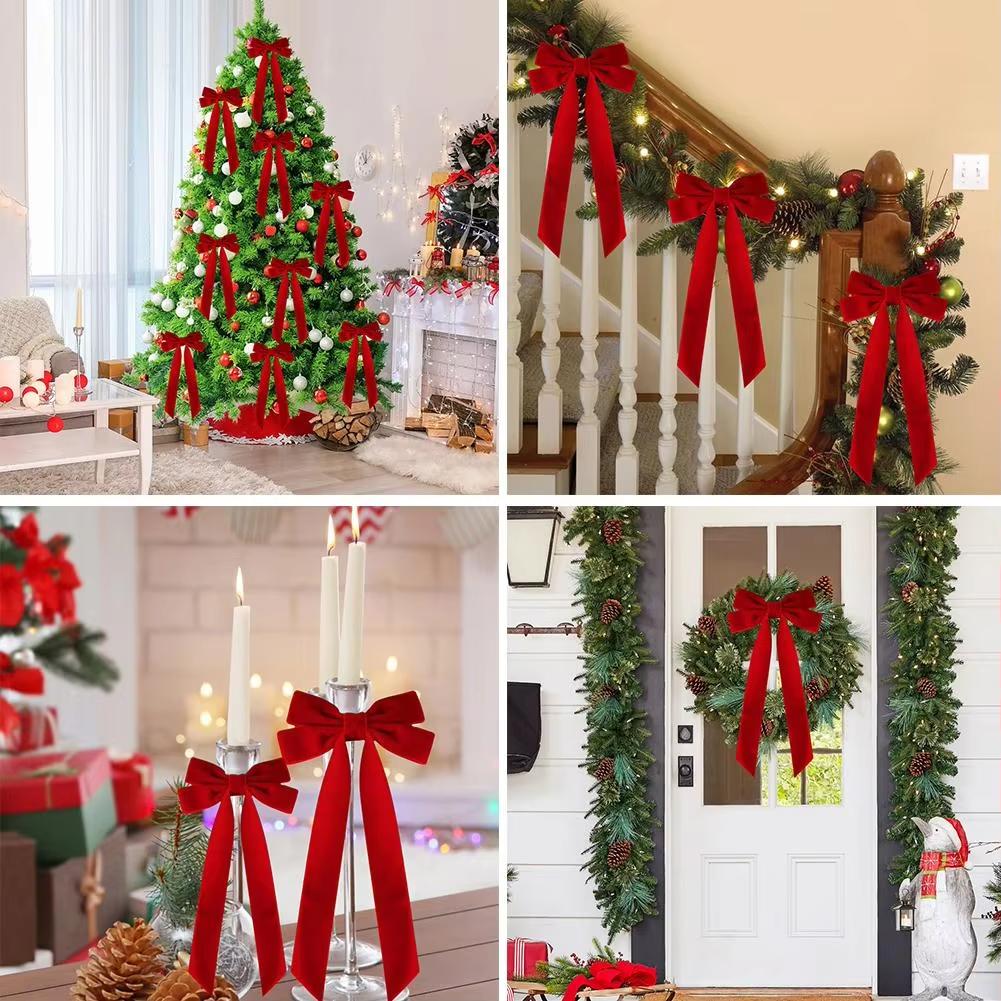 12pcs Velvet Bows Red Christmas Ribbon Bows For Xmas Home Decor Tree Wreaths Gift Wrapping DIY Crafts Festive Winter