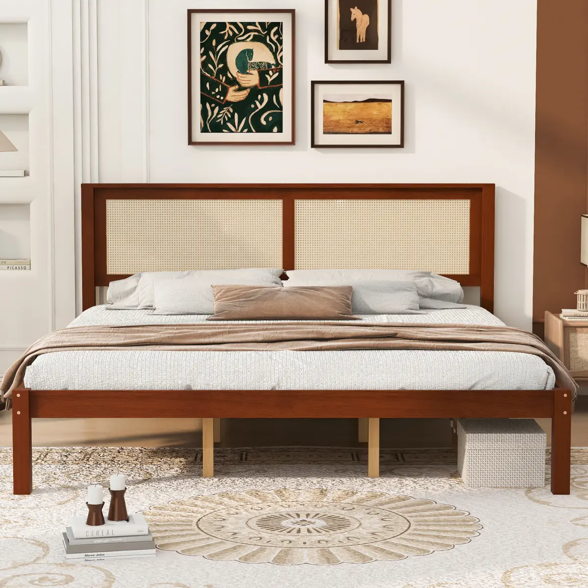 King Size Platform Bed Frame with Rattan Headboard, Solid Wood Farmhouse Cane Panel Bed, Under Bed Storage Clearance, No Box Spring Needed, Sturdy Support Legs, Walnut Finish