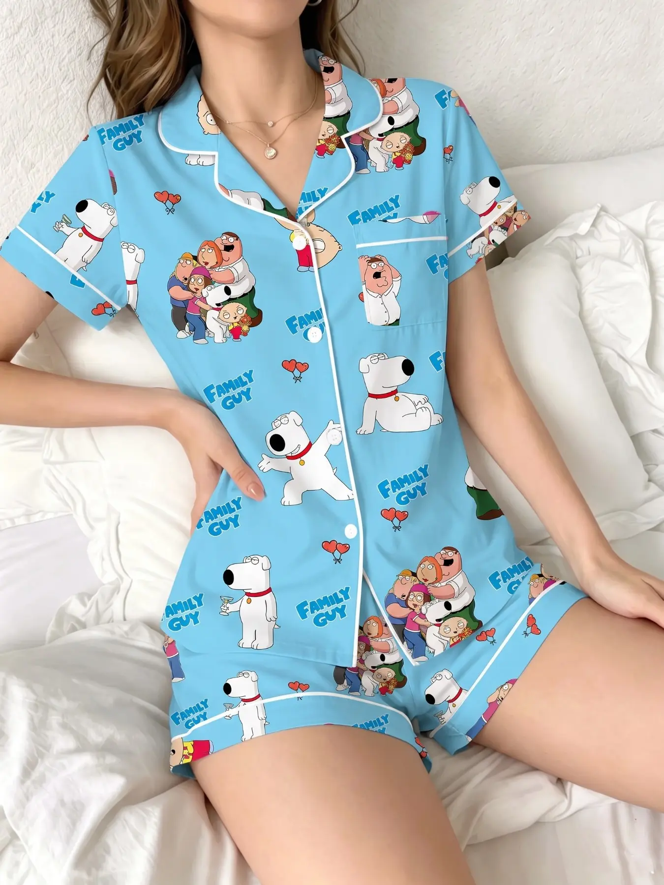 Women's Pajama Set, Fun Cartoon Pattern, Comfortable Nightwear, Soft Fabric, Casual Style, Short Sleeve, Above Knee Hem, Loungewear, Pyjamas