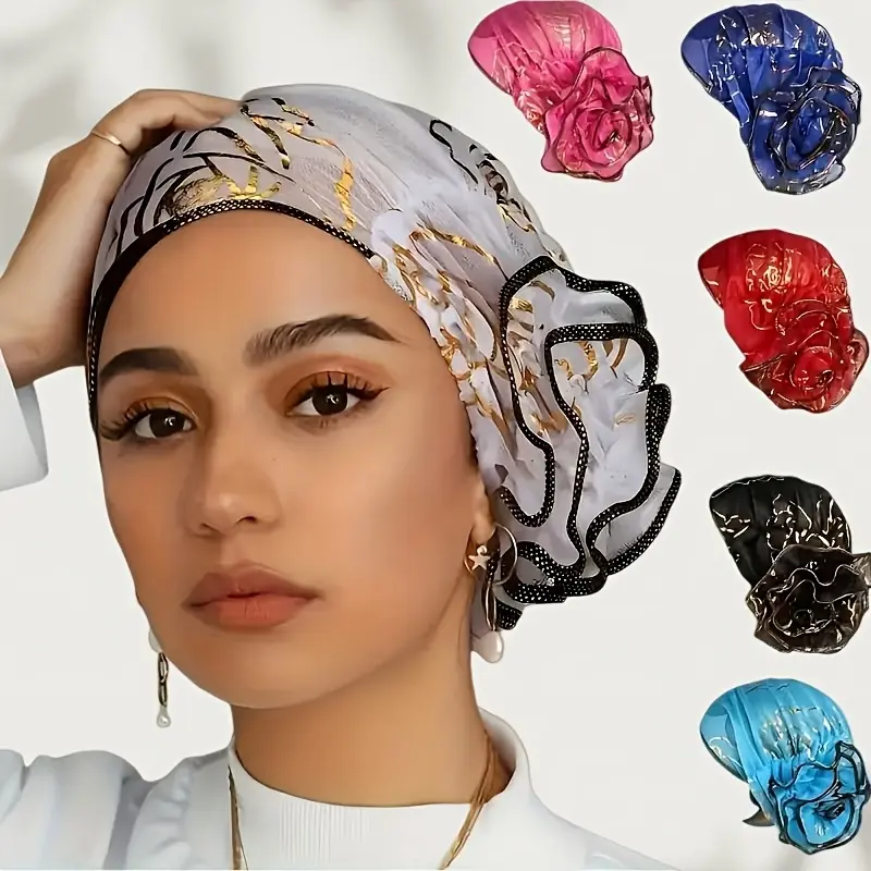 Women's 5-Piece Adjustable Turban Wrap & Boho Floral Lace Headscarf Cap Set - Ruffled Stretchy Elastic Fabric All-Season Chemo Head Wraps, Boho Floral Scarves, Stretchy Fabric