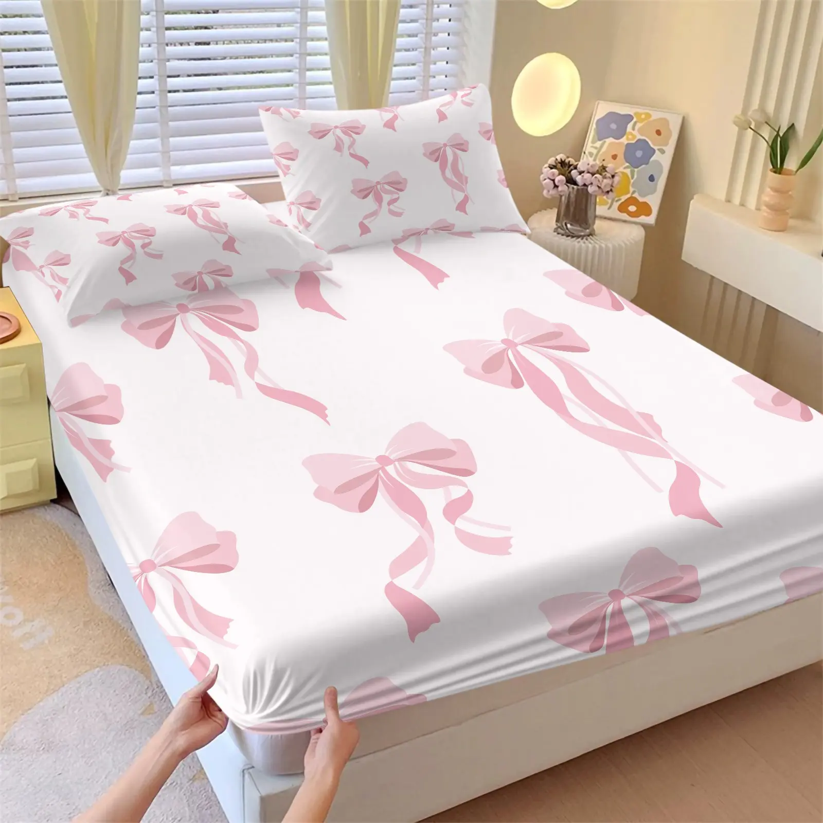 3PCS Gradient Light Pink Big Bow Ribbon Fitted Sheet Set (1 Fitted Sheet + 2 Pillowcases), Soft Wrinkle Resistant Breathable Skin-Friendly Fabric, Deep Pocket Anti-Slip Full Wrap Design, Coquette Sweet Girl Summer Vibes Bedding For Bedroom & Dorm