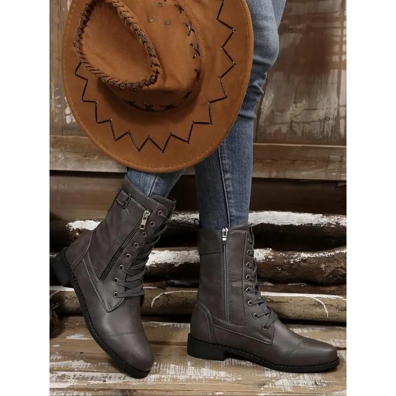 Women's classic plush combat boots, warm midsole boots, zip up motorcycle boots, comfortable winter walking shoes, women's short boots, women's work boots, Lace Boot
