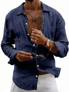 Men's Textured Wrinkled Linen Collared Long Sleeve Shirt, Thin Breathable Sun Protection Blouse for Spring & Summer, Solid Color Loose Button Up Top, Multi-scene Wear for Beach Vacation / Commute Shopping / Home Casual, Men's Clothing Available in 8 Color