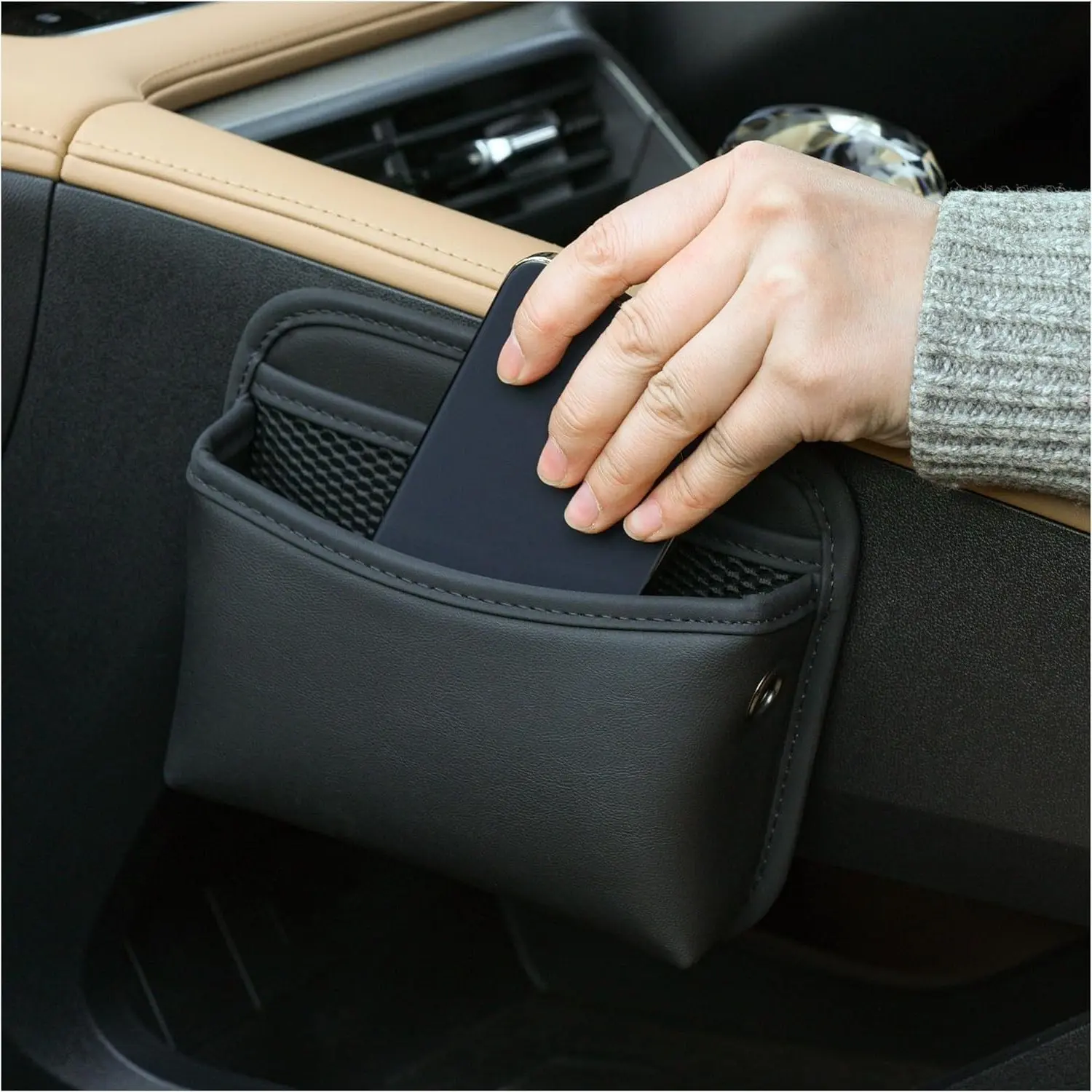 PU Leather Car Seat Side Storage Pocket Organizer, Multifunctional Console Side Bag for Phone, Keys, Sunglasses, Wallet, etc. (Black)Gift