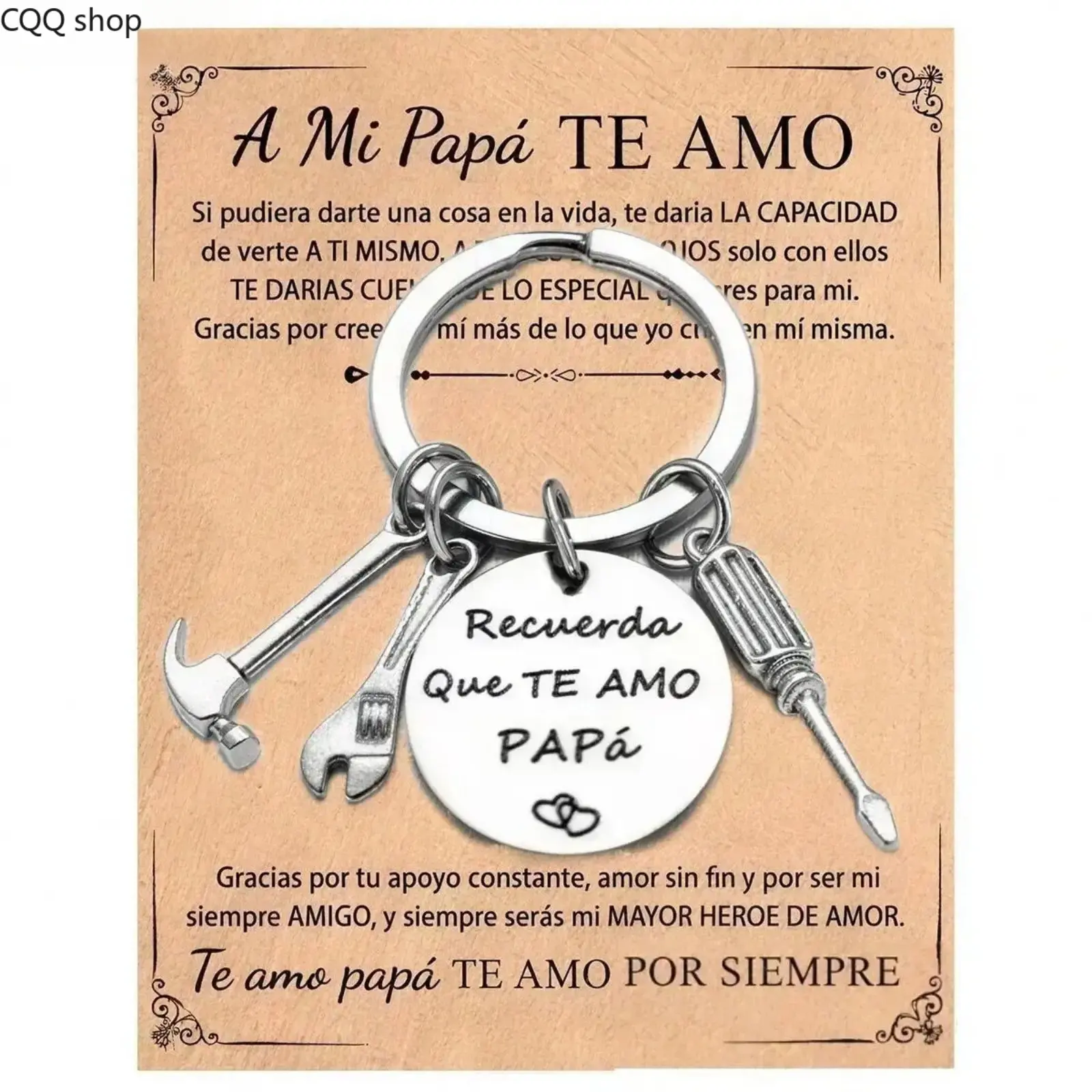 Stainless Steel Engraved Key Ring - Father’s Day Gift for Men, Mini Hammer-Wrench-Screwdriver Tool Keychain with Paper Card + Gift Box, Engraved "Recuerda Que Te Amo Papa" (Camping & Hiking Accessory), Dad