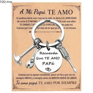 Father’s Day Dad Tool Keychain with Paper Card + Gift Box Stainless Steel Mini Hammer Wrench Screwdriver Car Key Ring Engraved “Recuerda Que Te Amo Papá” Gift for Men Papa Grandpa