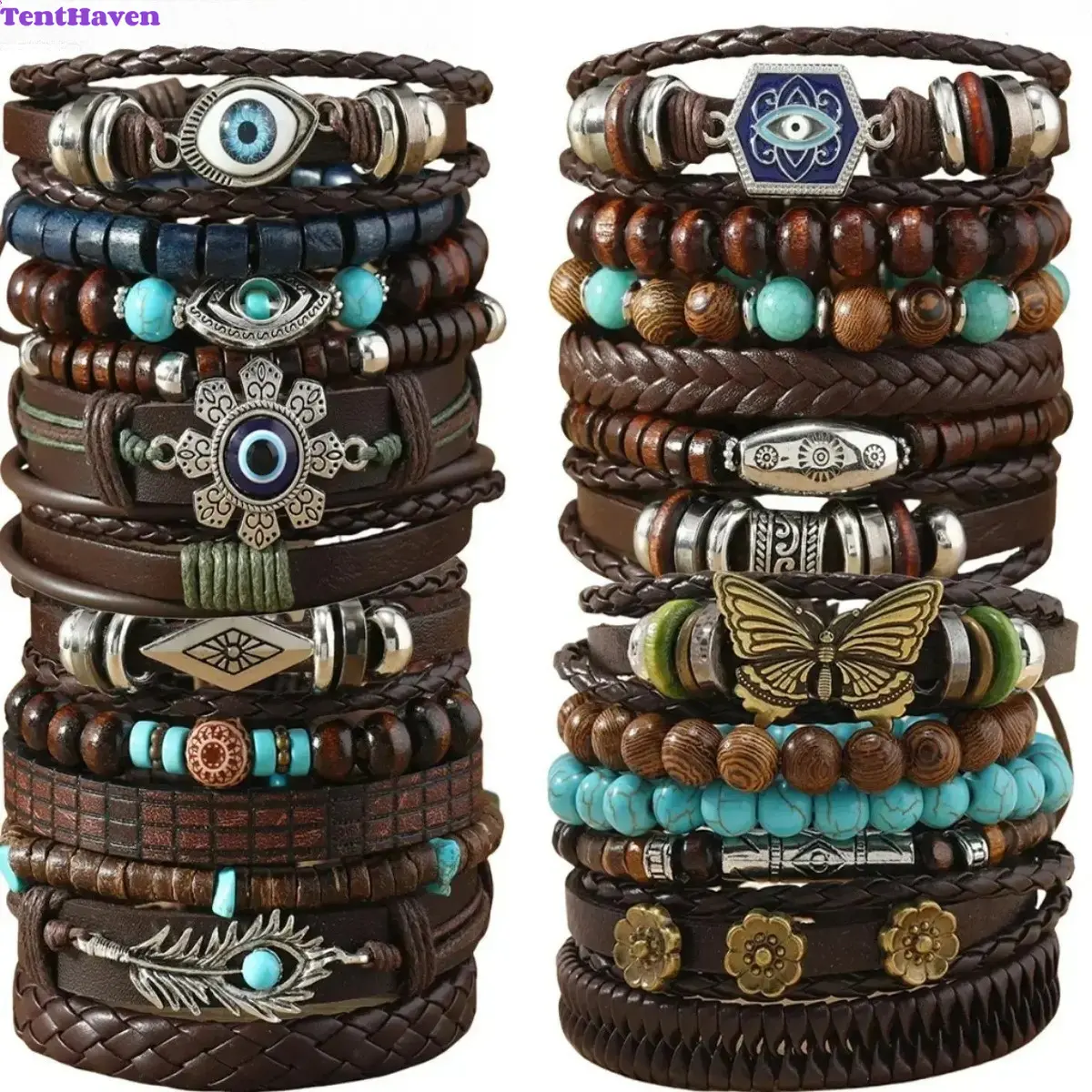 Bracelet Set, Stackable Boho Leather Bracelets, 24Pcs Evil Eye Butterfly Turquoise Buffalo Head Bracelet Stack For Women And Men Unisex With Vintage Metal Charms, For Daily Casual Styling And Anniversary Birthday Gifting