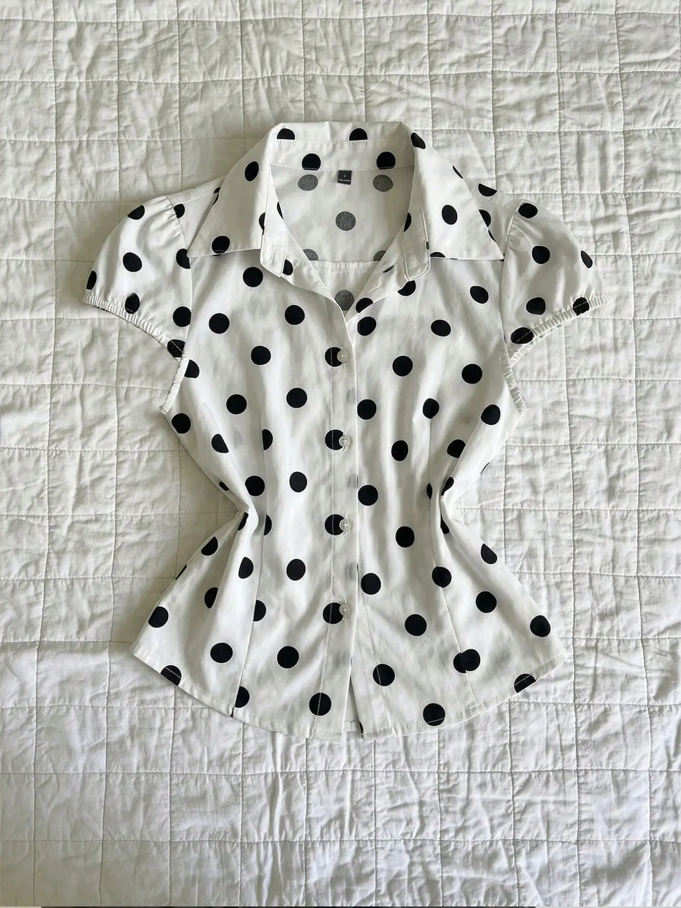 Elegant French Vintage Style Women's Summer Polka Dot Shirt, Blouse, Button Front Collar, Buttoned Collared, Button Down Top, Waist Cinch, Slim Fit Short Sleeve Top