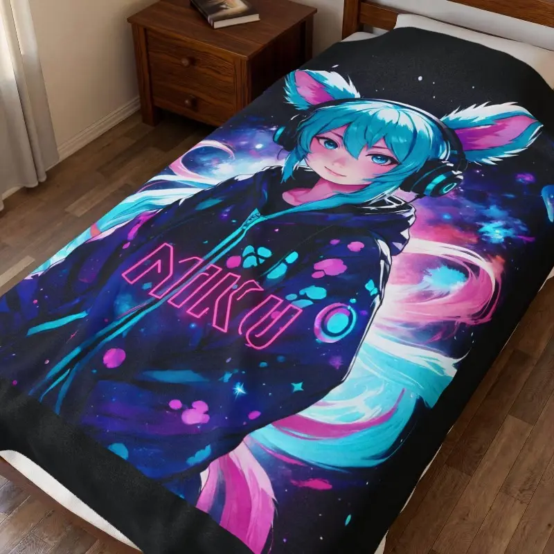 Neon Anime Girl Miku Velveteen Plush Blanket | Vocaloid Style | Cool Anime Figure Stl