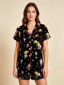 Vintage Rainbow Fairy Cartoon Print Women's Pajama Set, Comfortable Wear-Outside Sleepwear, Short Sleeve Button-Up Top and Elastic Shorts