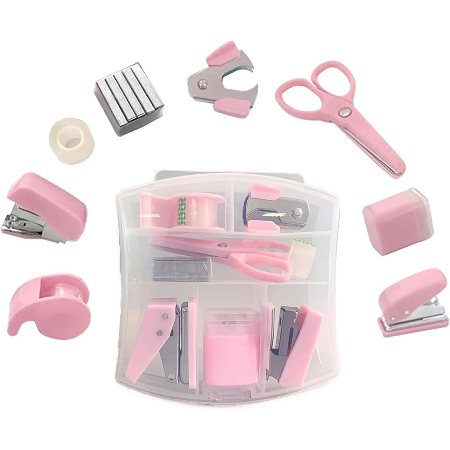 8 Pack Mini Office  Kit Portable Case with ,Tape Dispenser Set, Punch,Pencil Sharpener, Mini Stapler with  and Staple Remover ()