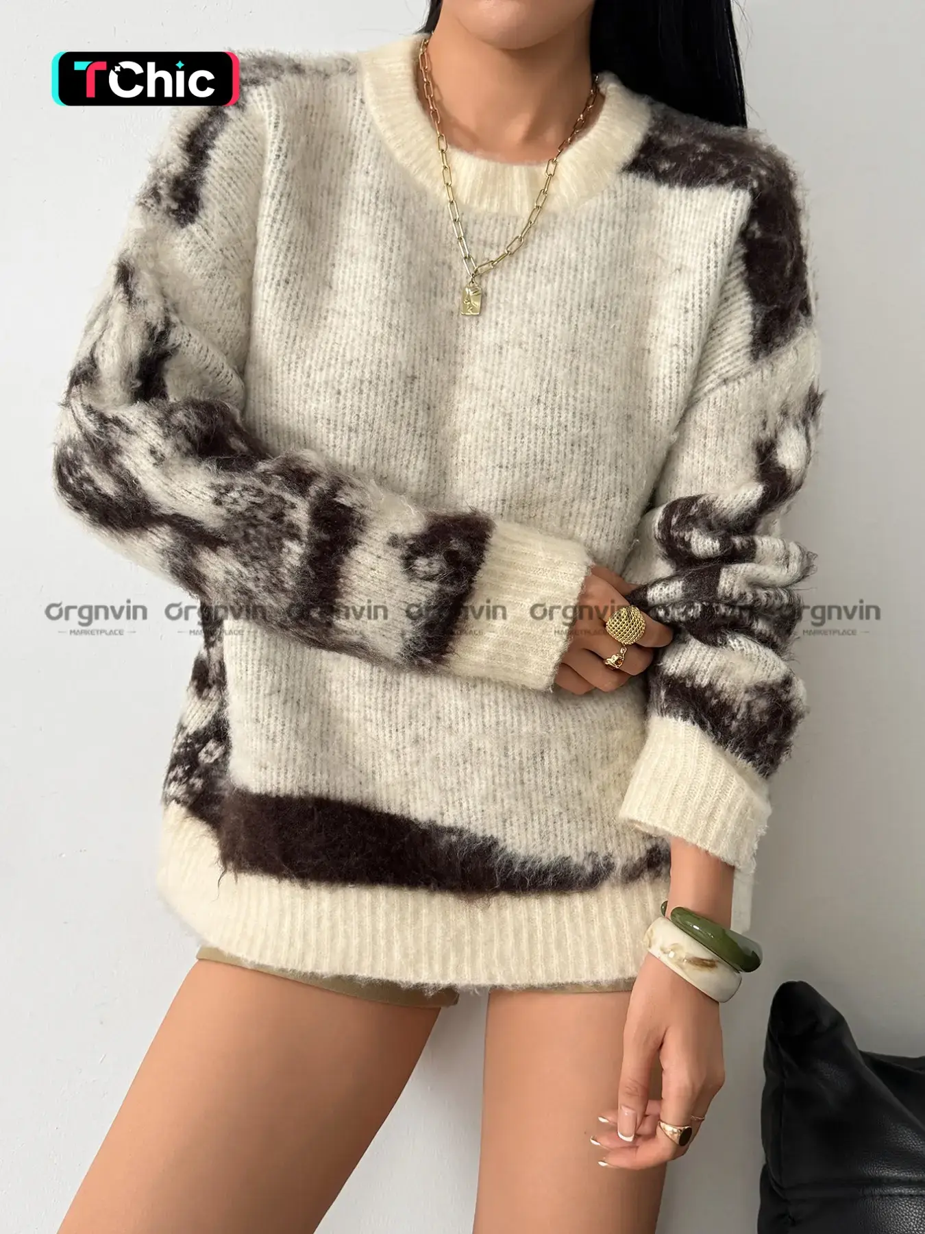 Women's Autumn Winter Tie-Dye Fleece Pullover Sweater, Fashion Casual Lazy Style, Loose Fit Versatile Knitwear for Daily Wear