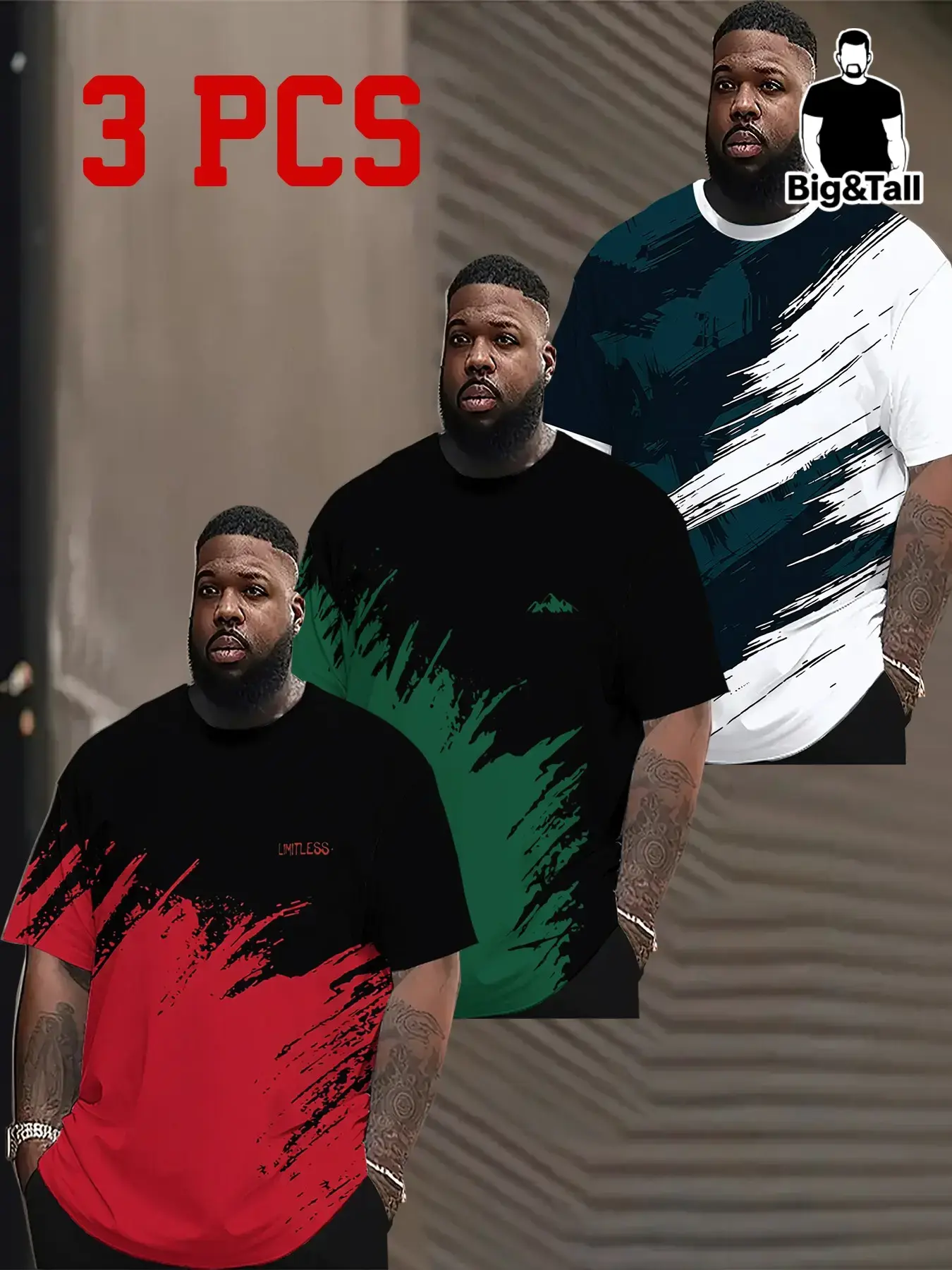 3-Pack Plus Size Men's Trendy Graffiti Style Short Sleeve T-Shirts, Casual Loose-Fit Long Tee, Streetwear All-Over Print Top, Menswear