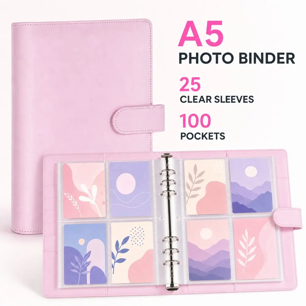 Aesthetic A5 Photocard Binder (100 Pockets) 💖 Premium Pink PU Leather (8 Colors for Your Choice) Album Gift for Kpop Fans & Collectors - Includes 25 Clear Sleeves - Perfect for Photocard Collection, Polaroid Storage & Journaling ✨