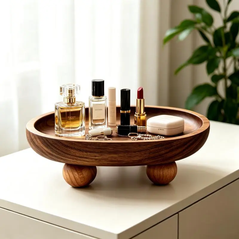 2pcs Rustic Wooden Display Tray with Ball Ft, Small Farmhouse Wood Riser Stand for Plant Pots, Vases, Desktop Storage for Home Table Decor Bathroom Supplies