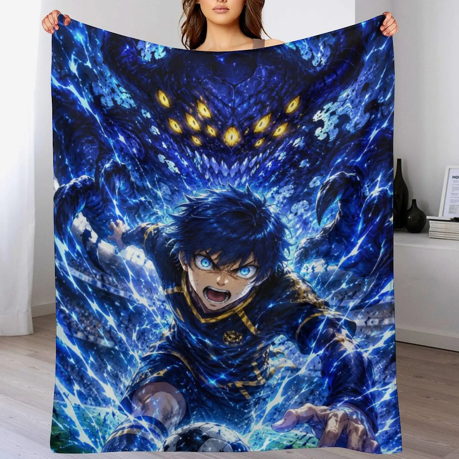 Blue Lock Isagi Yoichi Giant Monster Lightning Anime Art Flannel Throw Blanket Warm Light Blanket Great Gift For Blue Lock Anime Fans