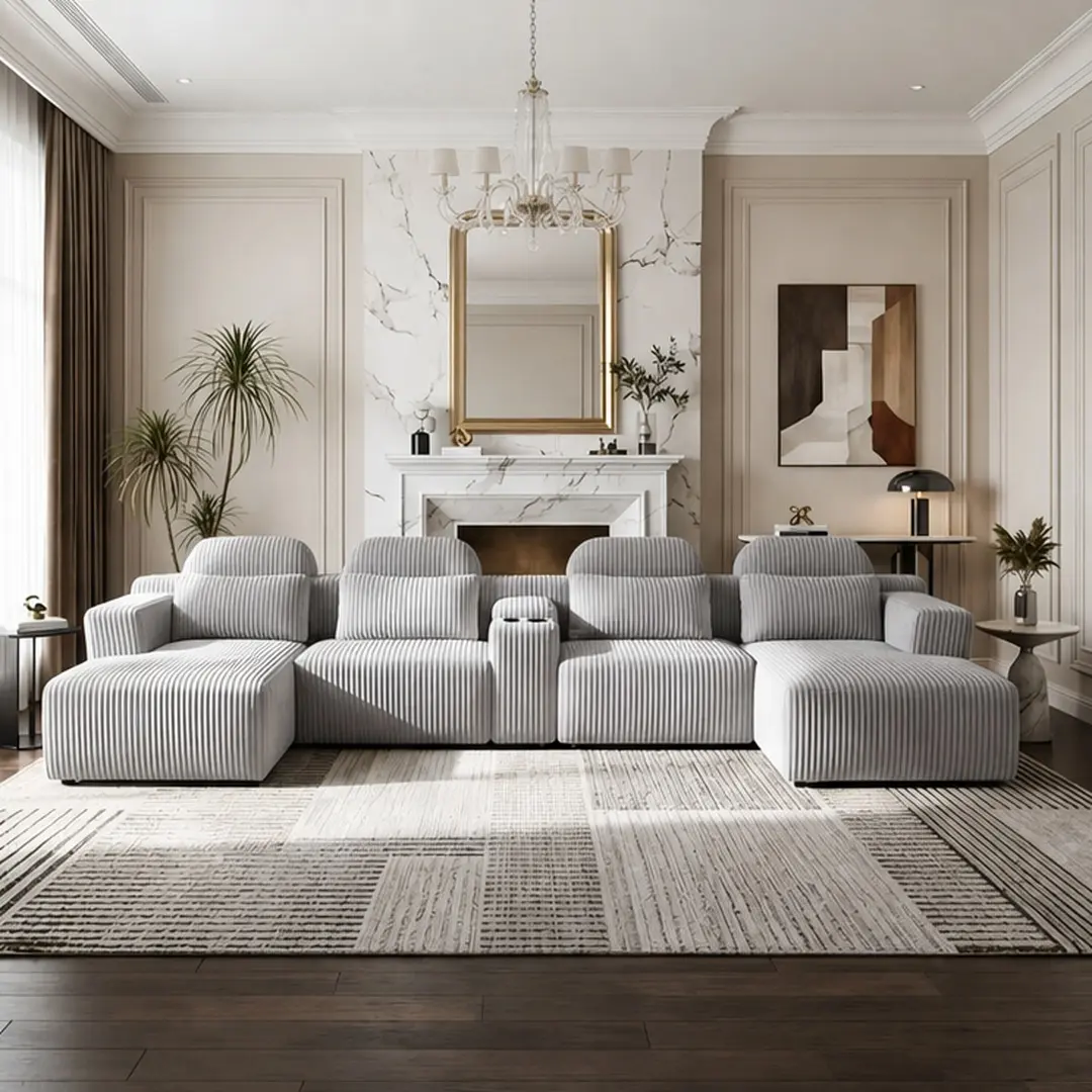 Gray Corduroy Curved ARCH U-Shaped 3-Piece Modular Sectional Sofa Set - 6-Seat 145.7in Extra Large Living Room Furniture with Chaise Lounge, Cup Holders, Storage, Foam Cushioning - Ideal for Home Theater, Watch Party, Curved Sectional Sofa, Corduroy Couch