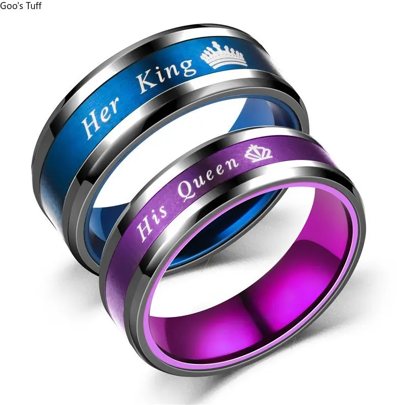 King Queen Couple Ring Set, 2-Tone Blue Purple Design, Stylish Matching Costume Jewelry Rings for Couples, Engraved Crowns, Matching Pairs