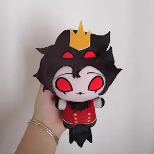 Stolas Helluva Boss Mini Chibi Plush Toy Cartoon Demon Prince Stuffed Doll Black Fluffy Hair Golden Small Crown Big Red Gradient Anime Eyes Red Formal Vest With Gold Buttons Soft Flannel Pocket Size Plushie Gift For Animation Demon Fans Teens Girls Backpa