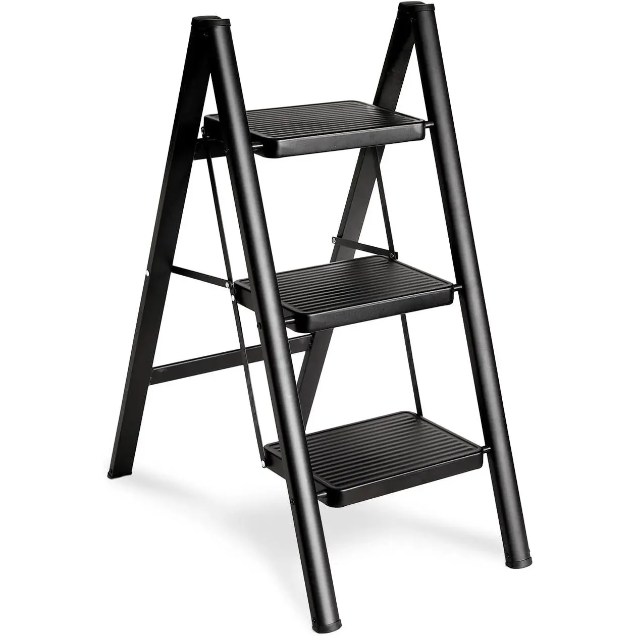 Folding 3 Step Ladder, Sturdy 330 Lbs Load Small Step Stool for Adults, Safer Full Steel Multi-use Kitchen Ladder for Home, Closet Step Stool Ladder with Wide Pedals, Black, 3-Step