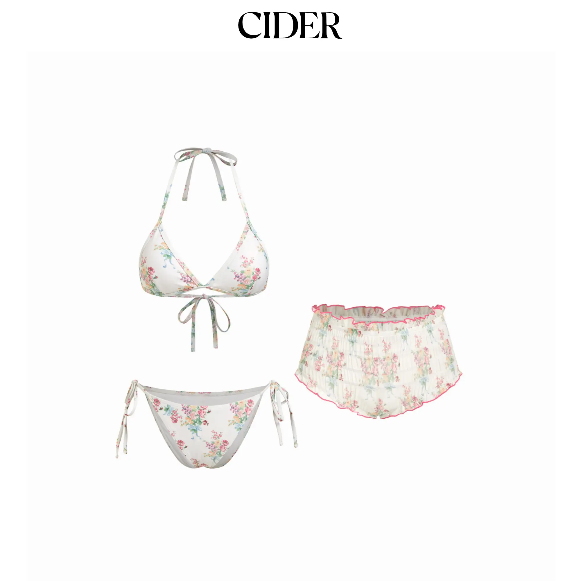 Cider Halter Neckline Floral Tie Side Bikini Set With Smocked Lettuce Trim Shorts