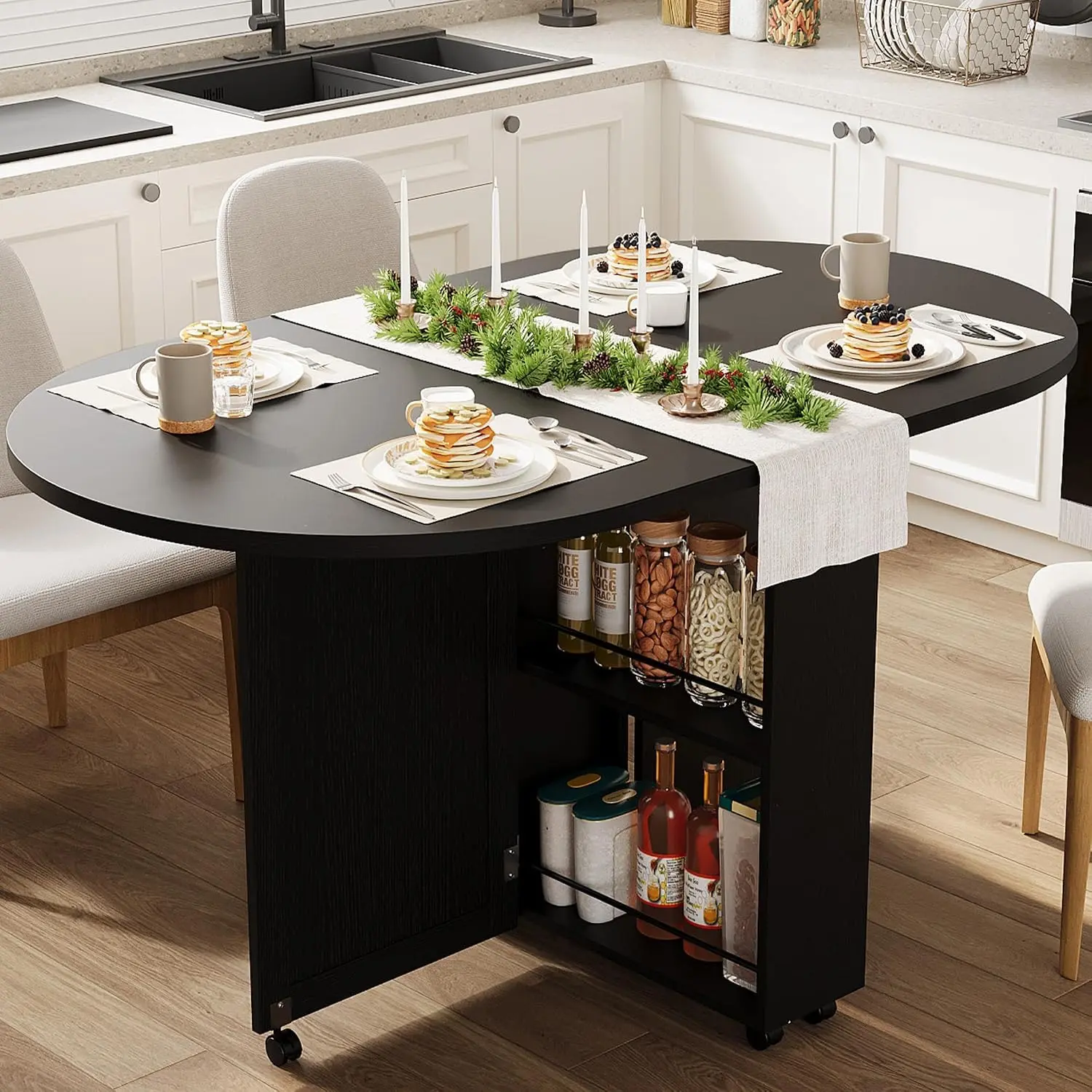 3-in-1 Folding Dining Table - Drop Leaf Oval Kitchen Table with Wine Rack, Cup Holder, Lockable Casters & Space-Saving Design