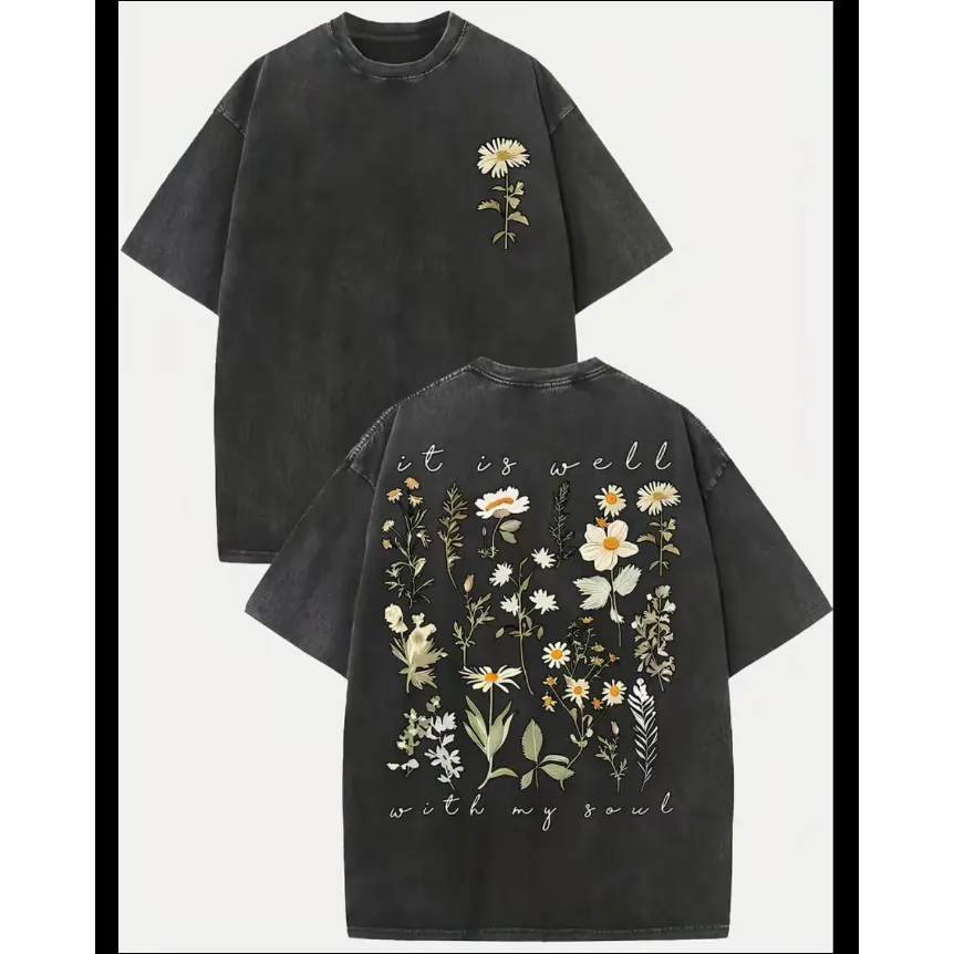 Oversized Fashion Comfort Graphic Outfit, Vintage Washed Wildflower Botanical Cotton T Shirt, It Is Well With My Soul Floral Graphic Tee, Ideal Valentine Gift, Perfect Holiday Present For Him Her, Best Festival Gift For Family Friends, Boho Nature Casual