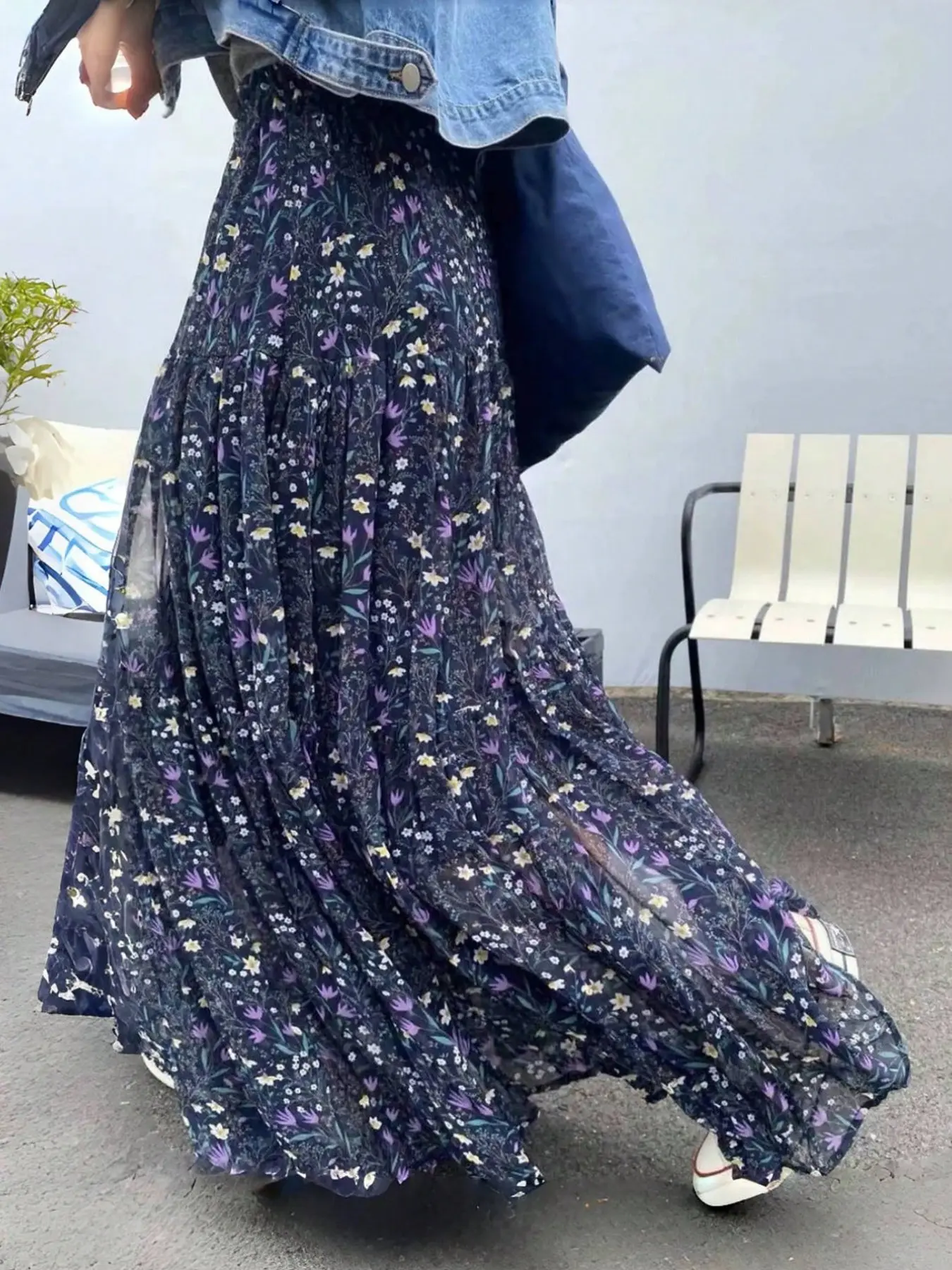 Plus Size Women's Vacation Style Fashion Daily Chiffon Floral Pleated Skirt, High Waist Slimming Loose Hips Elegant Long A-Line Half Skirt