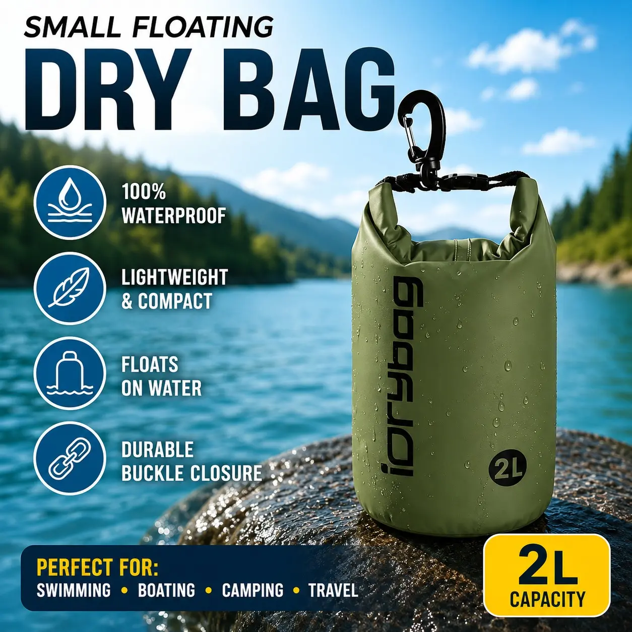 Idrybag 2L Multi-Color Dry Bag, Waterproof Swimming Duffel Bag, Ipx6 Rated Storage Solution for Beach, Travel & Outdoor Activities
