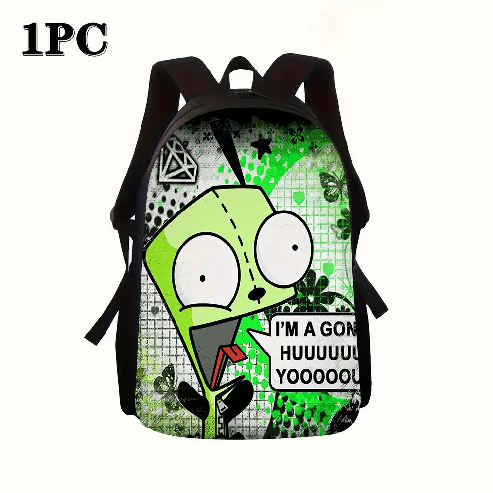 1PC Teen Water Resistant Backpack, Invader Zim Gir Green Grunge Graffiti Grid Butterfly Print School Bag 600D Oxford Cartoon Anime Fans Daily Single Backpack