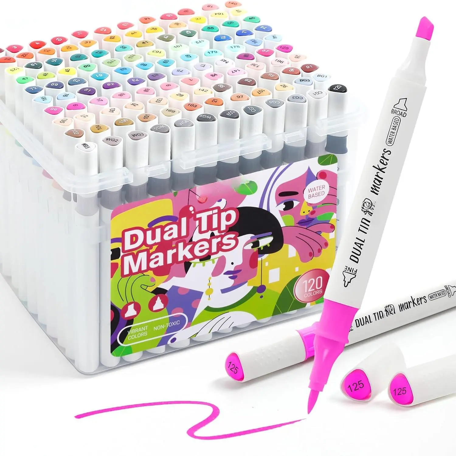 [Water-Based Ink] 120-Color Double-Tipped Art Markers Set, Brush-Chisel Tips, Office Stationery for Artists, Coloring & Painting, Double Tips