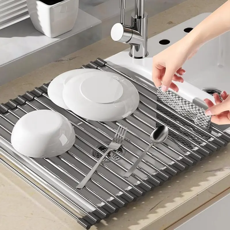 Expandable Sink Dish Drainer, 45x35CM Stainless Steel Kitchen Rack for Cups Fruits Vegetables, Black