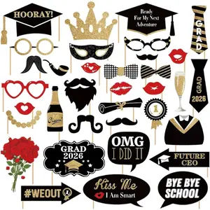 Happy Graduation 2026 Photo Booth Props 35pcs Funny Large Graduation Photo Props Class of 2026 Grad Decor with Sticks for Kids Boy Girl Women Men Graduation Party Favors Supplies Decorations