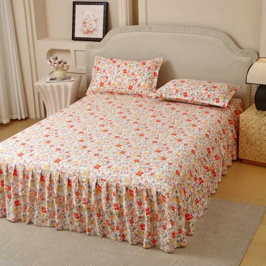 Floral Print Ruffled Edge Bed Skirt Set, 3 Counts/set Including 1 Bed Skirt & 2 Pillowcases without Filler, Comfy Bedding Sets, Mattress Cover Protector, Soft Comfortable Breathable Bedding Set For Home Bedroom, Guest Room, Christmas gift