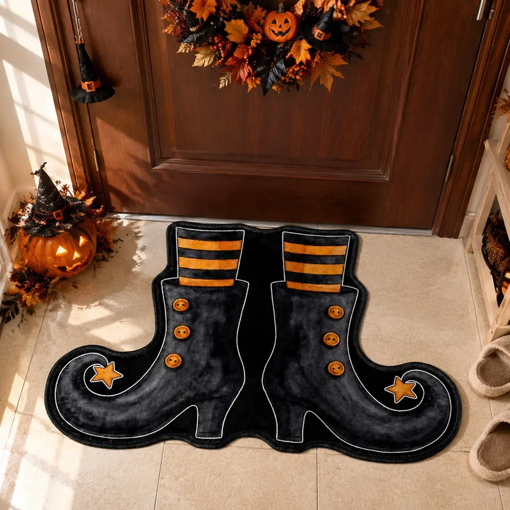 Halloween Gothic Witch Boot Shaped Rug, Soft Velvet Entry Mat, Indoor Decor for Hallway, Bedroom, Living Room, Fall Halloween Gift