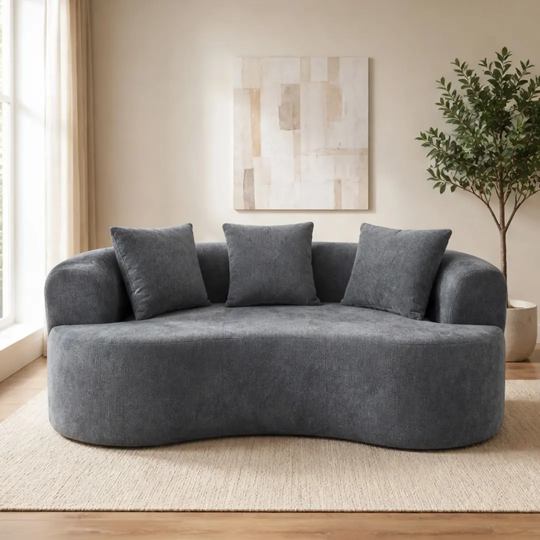 ARCH Modern Crescent Shaped Sofa for Living Room, 3 Seat Couch with Deep Cushions, Grey Chenille Fabric, High Resilience Foam and Spring Support, No Assembly Required, Large Two Seater Sofa for Apartment or Home, Grey Color Options