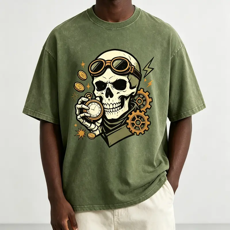 Men Steampunk Skull Pocket Watch Gears Graphic Tee Retro Distressed Casual Short Sleeve Streetwear Tops Menswear Crewneck
