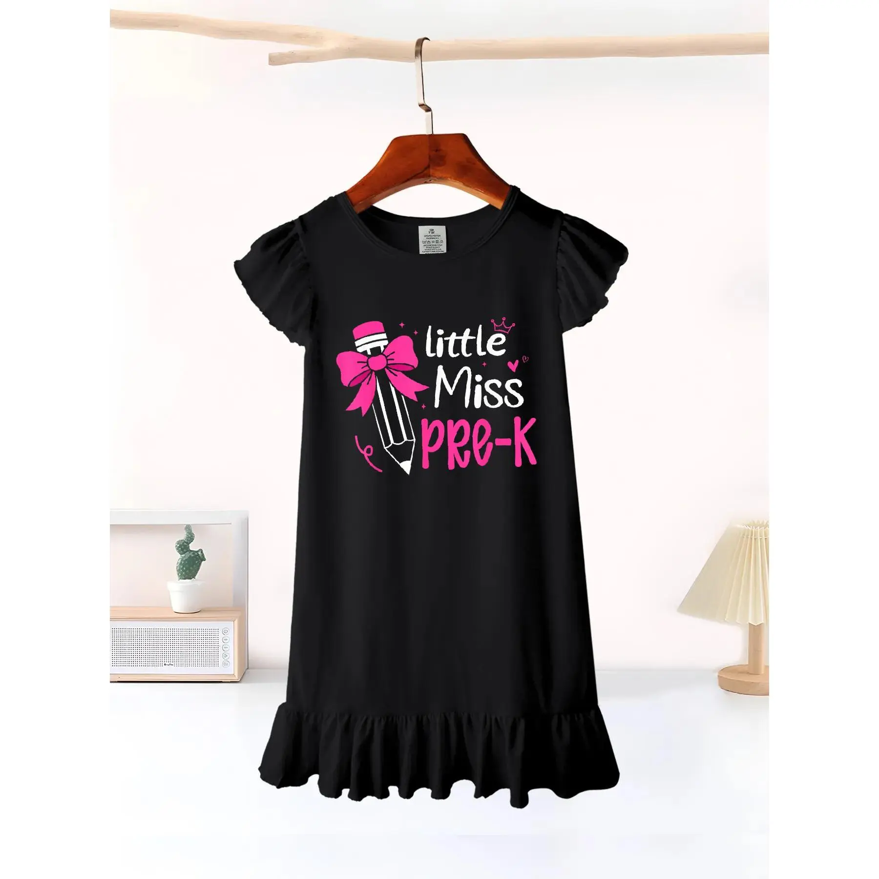 Little Miss Pre-K Preschool Pencil Bow Back to School Girls' Summer Flutter Sleeve Casual Dress - Soft, Durable, Easy-Care, Ideal for School & Outdoor Activities - Local warehouse