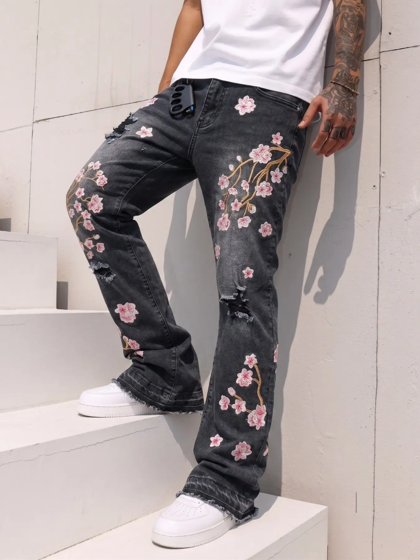 Men's Cherry Blossom Embroidered Flare Jeans, Ripped Distressed Raw Hem, Denim Jeans, Streetwear Y2K Casual Trousers