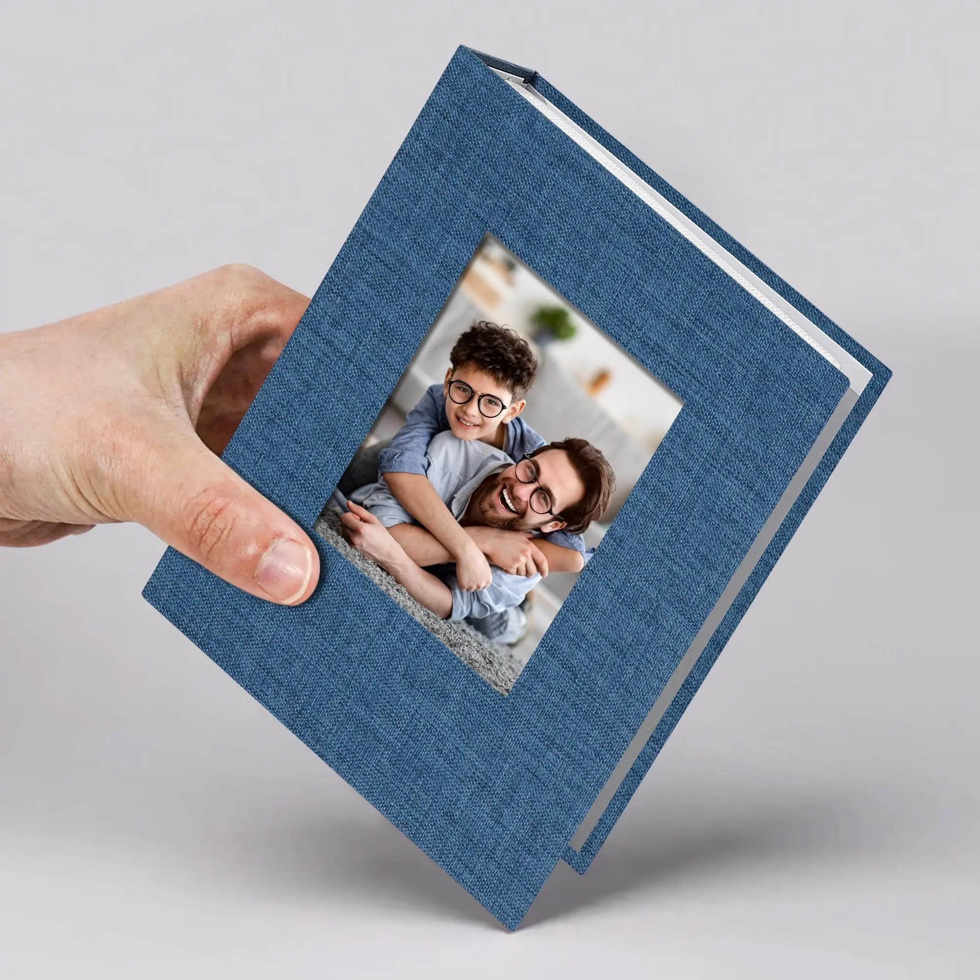 Small Linen Photo Album 4x6 Slip-In Picture Album with Window, 25 Pages Holds 52 Photos, Portable Photo Book for Wedding Family Baby Travel, Blue