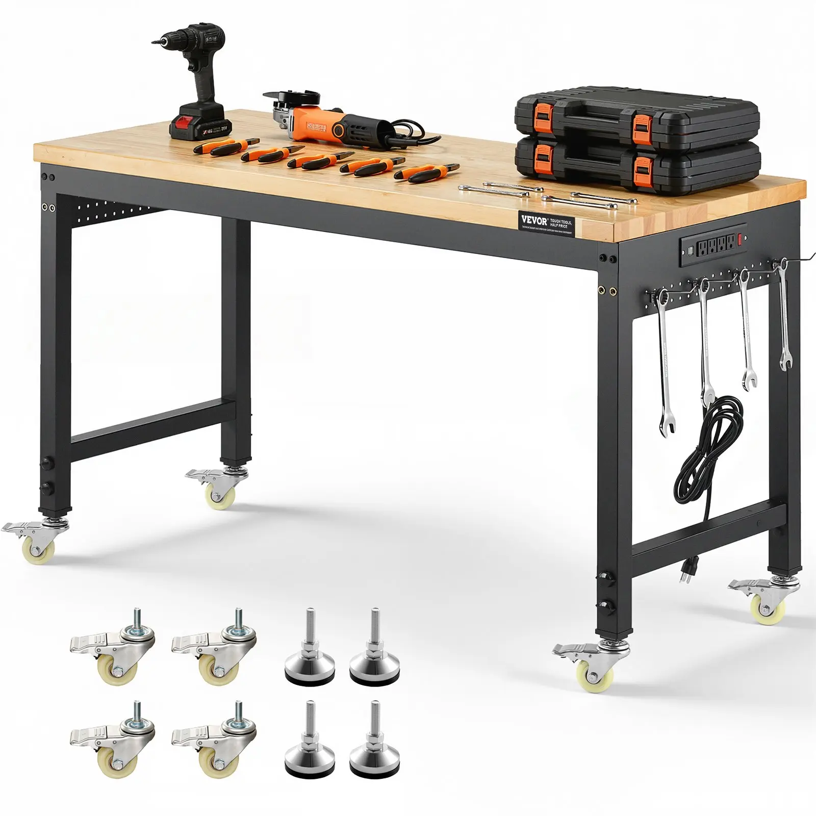 VEVOR 48x24 in Heavy Duty Oak Wood Top Workbench, 2000 lbs Heavy Duty Load Capacity, Adjustable Table with Power Outlet, Wheels, Pegboard & Pegboard Hooks, Ideal for Garage & Workshop Users
