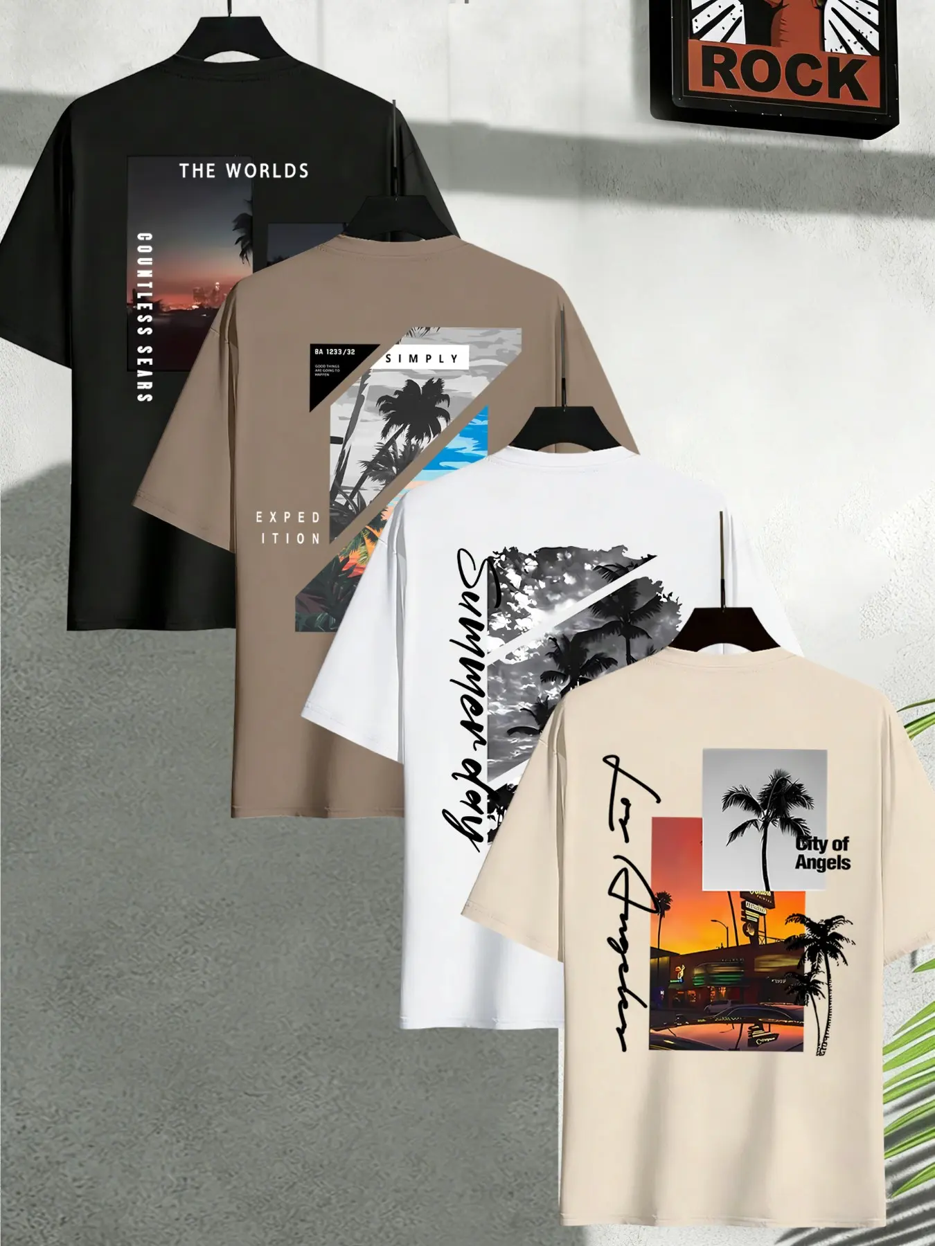Men's Trendy Letter Landscape and Palm Tree Tropical Graphic Print T-Shirt, Beach Life Tee, Round Neck Short Sleeve, Casual Comfortable Top for Summer Outdoor Wear