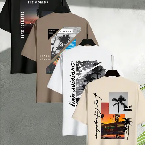 Men's Trendy Letter Landscape and Palm Tree Tropical Graphic Print T-Shirt, Round Neck Short Sleeve, Casual Comfortable Top for Summer Outdoor Wear, Graphic Print Tees