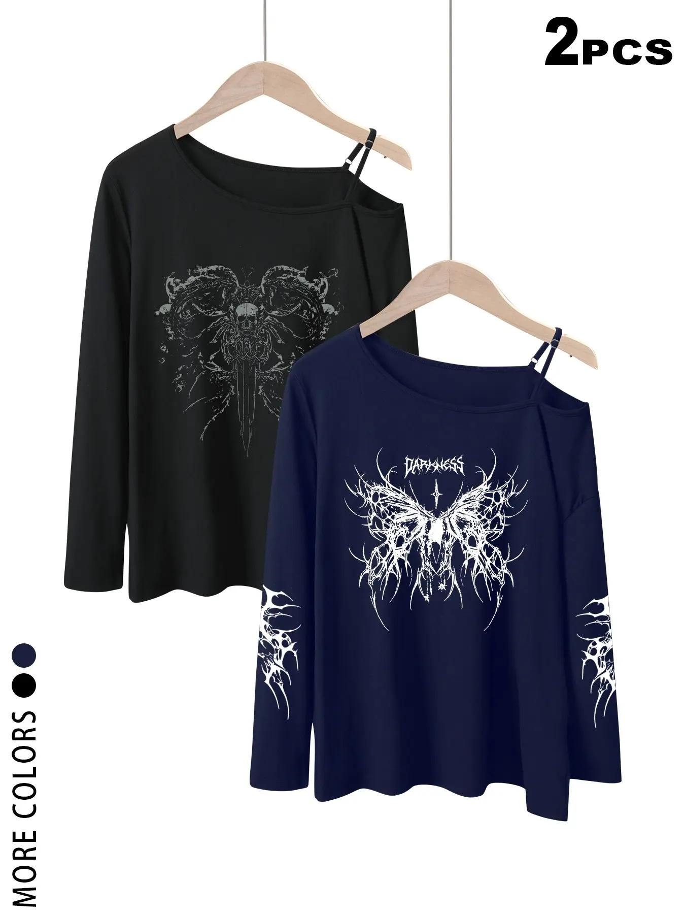 Women Gothic Off Shoulder Long Sleeve Tee 1PCS/2PCS Pack, Streetwear, TikTok Viral Dark Grunge Aesthetic Skeleton Butterfly Graphic Slant Cold Shoulder Top with Adjustable Strap, Loose Drop Shoulder Oversized Casual T Shirts,Fall Spring Fashion OOTD