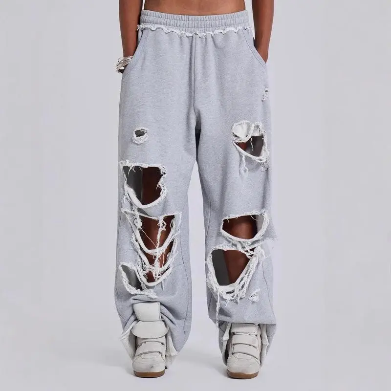 Casual Street Hip Hop Ripped Design Wide Leg Sweatpants Trousers for Women