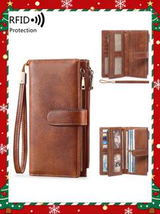 women's solid color long wallet, fashionable pu leather zipper wallet with wrist strap, multi-functional card holder for daily use, purses for women