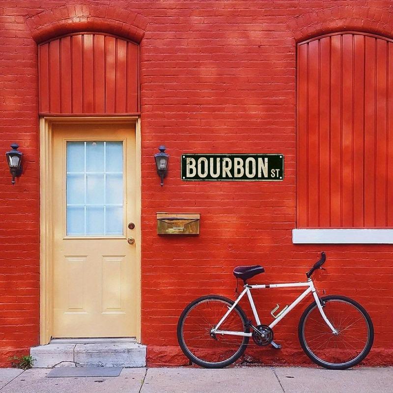 Vintage Bourbon Street Metal Wall Art Sign - Rustic 4*16 Inch Iron Wall Decor with Bold "BOURBON ST" Text, Durable Home Bar & for Man Cave Decoration