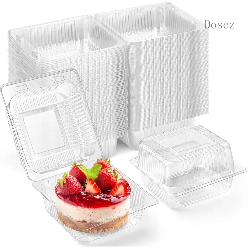 100 Pack Clear Plastic Clamshell  Containers, Square Cake Slice Containers with Hinged Lids, Disposable To Go Boxes for Cookies, Desserts, Fruits, Salads, Sandwiches