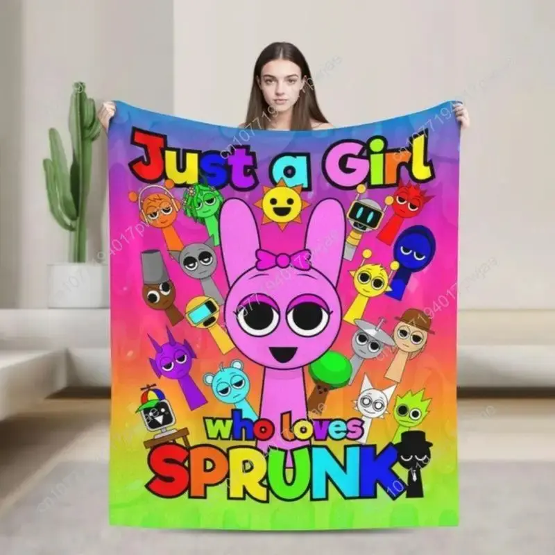 Sprunki Flannel Throw Blanket Pink Gradient Rainbow Background Central Pink Bunny All Sprunki Game Character Cartoon Soft Fleece Blanket Teen Indie Music Game Bedroom Sofa Decor Gift for Sprunki Gamers
