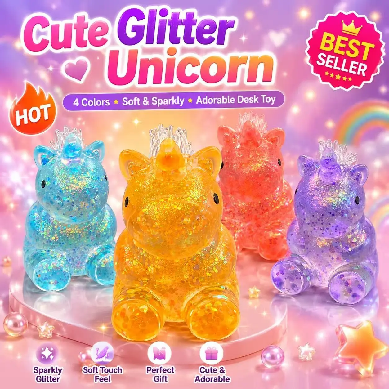 1/4 Set Glitter Aurora Unicorn Mallow Squishy Toy, Tpr Soft Flashing Stress Relief Toy, 4 Colors, Kids & Adults Sensory Relaxation Toy